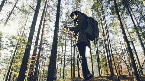Lost woman using map with compass in forest Stock Footage 83205742