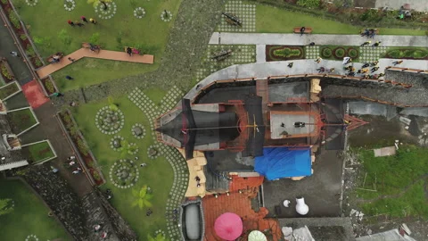 The Lost world Castle top down aerial view with people around Stock Footage 150832199