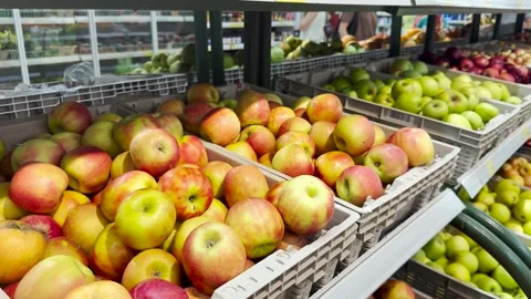 A lot of apples are in the fruit section of one of the grocery stores Stock Footage 280498268