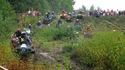 A lot of ATV Quad bikes competing in a race. Stock Footage