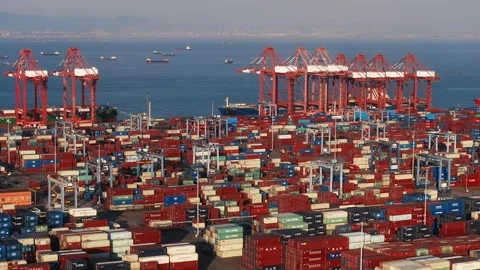 Lot big boxes rows, ship delivery ocean harbor. Cargo containers seaport freight 스톡 동영상 321347906