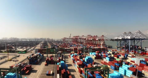 Lot big boxes rows, ship delivery ocean harbor. Cargo containers seaport freight Stock Footage 321413682