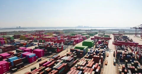 Lot big boxes rows, ship delivery ocean harbor. Cargo containers seaport freight Stock Footage 321763574