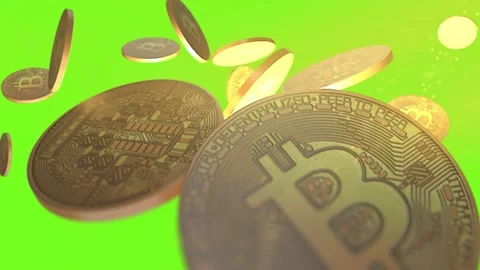 Golden Coins Bitcoin Falling Down Green Screen Loop Animation Background.  Stock Footage - Video of logo, network: 225918044