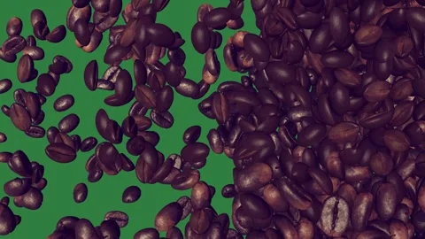 Lot of bubbles bunch seeds coffee beans on pile chocolate chips isolated on Stock Footage 336858704