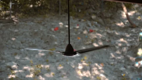 A lot of ceiling fans under a canopy in the street of India rotate and cool  Stock Footage 108269906