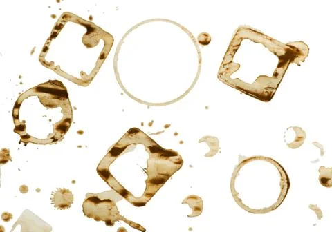 Lot of circle and square shape coffee stains on white bakcground. Stock Photos