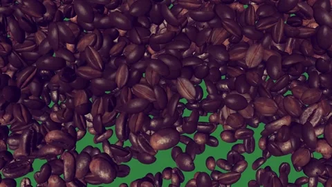 Lot of coffee beans falling down on pile chocolate chips isolated on green Stock Footage 336858706