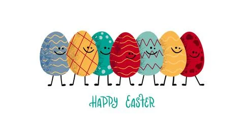A lot of colorful funny easter eggs are character. Lettering Happy Easter. Can Stock Illustration