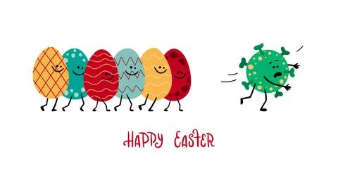 A lot of colorful laughable easter eggs running after coronavirus, covid Stock Illustration