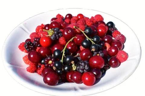 A lot of different berries with white background on plate Stock Photos