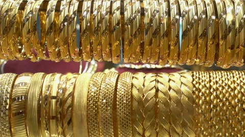 A lot of different gold bracelets in the showcase Stock Footage 102170648