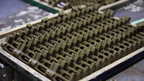 A lot of different types of casting part arrange of tray, industrial safety Stock Footage 297194459