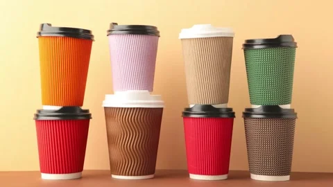 A lot of disposable cups for coffee and tea change places.  Stock Footage 138202661