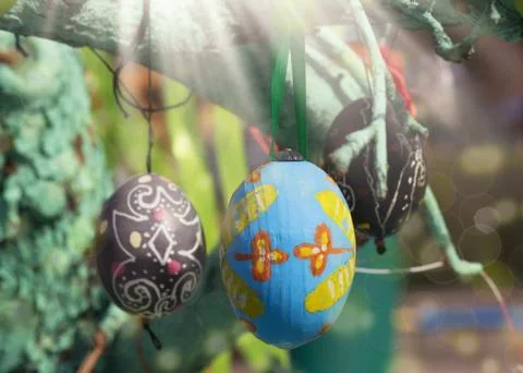 A lot of Easter eggs decorated on tree at spring sunny day Stock Photos