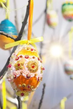 A lot of Easter eggs decorated on tree at spring sunny day Stock Photos