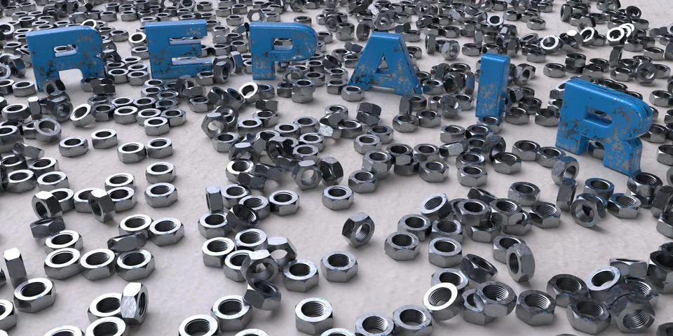 A lot of fixing nuts with a three- dimensional inscription repair. 3d render Stock Illustration