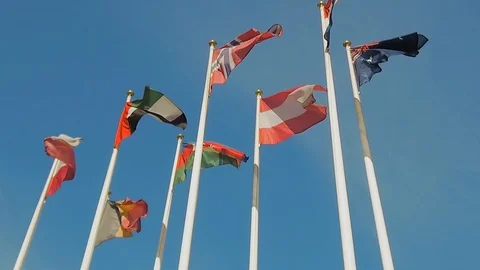 A lot of flags of different countries, flags flap in the wind. Slow motion Stock-Footage 91107157