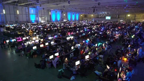 A lot of gamers playing on computer games in the great hall. Stock Footage 80401370