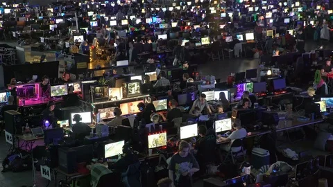 A lot of gamers playing on computer games in the great hall. Stock Footage 80402472