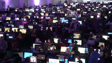 A lot of gamers playing computer games in the great hall. Stock Footage 85524097
