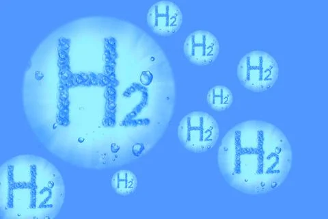 Lot of h2 letters with bubbles hydrogen green energy of the future with blue  Stock Illustration