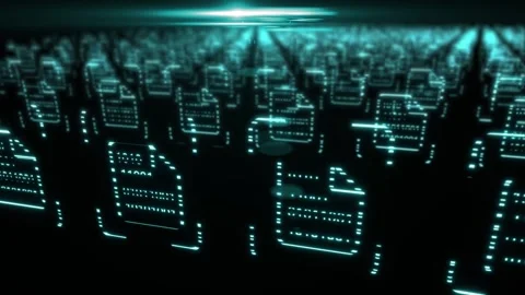 A lot holographic style data folder icons on black background with glowing Stock Footage 270014928
