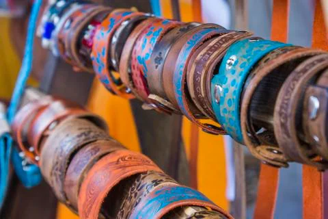 A lot of leather bracelets Stock Photos