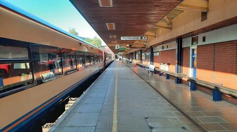 A lot of lines on a train station platform Stock Photos