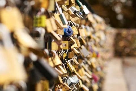 A lot of locks on the bridge Stock Photos