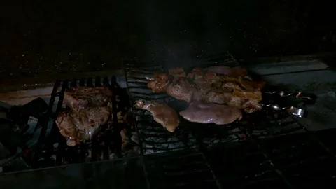 Lot of meat is fried on the grill 스톡 동영상 80042512