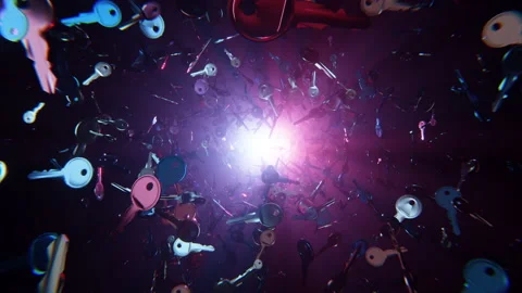 A lot of metal keys falling into the camera in slow motion Video stock 164620129