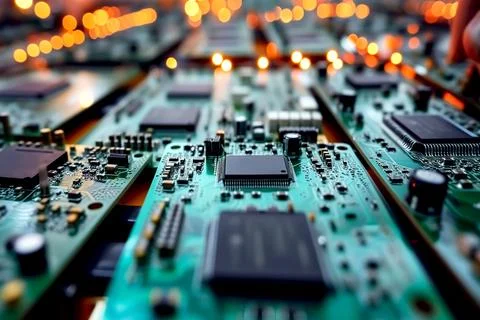 A lot of microelectronics in a computer system on a table in a factory for .. Stock Photos