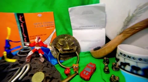 Lot of Mongolian Objects and Figures Panoramic View Stock Footage 62636964