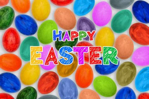 A lot of multi-colored eggs on a white background. Easter eggs. Festive backg Foto stock