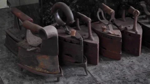 A lot of old coal irons Video stock 76479107