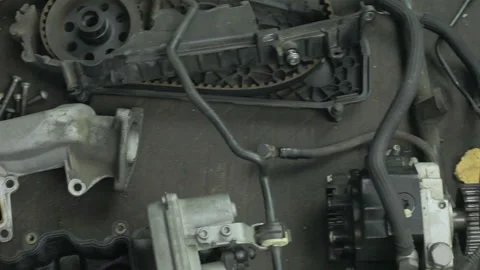A lot of parts from the engine. Stock-Footage 97147749