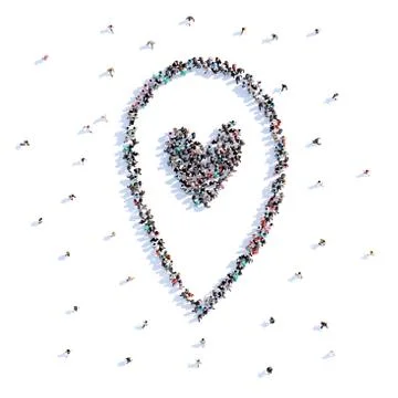 A lot of people form map pointer, love, icon . 3d rendering. Stock Illustration