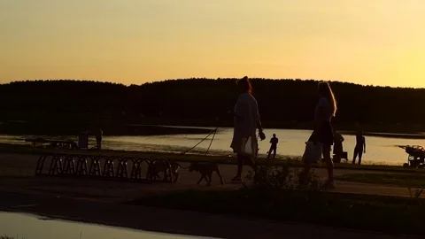A lot of people on the waterfront, silhouette Stock Footage
