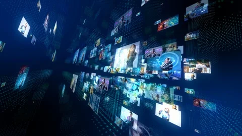 A lot of pictures floating in cyberspace. Social media concept. Streaming video. Stock Footage 100800982