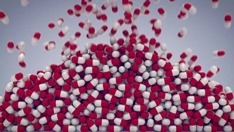 Lot of pills falling with alpha mask Stock Footage 100145899