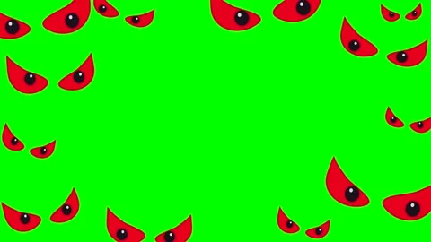 A lot of red blinking eyes motion graphics animation on a green chromakey Stock Footage 247351439