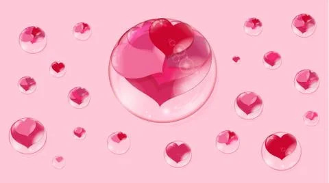 A lot of red hearts inside bubbles on a pink background soap bubble Stock Illustration