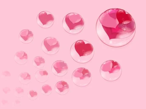A lot of red hearts inside bubbles on a pink background soap bubble Illustrazione stock