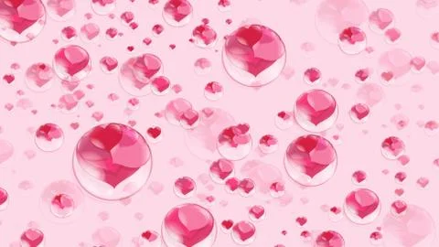 A lot of red hearts inside bubbles on a pink background soap bubble Stock Illustration