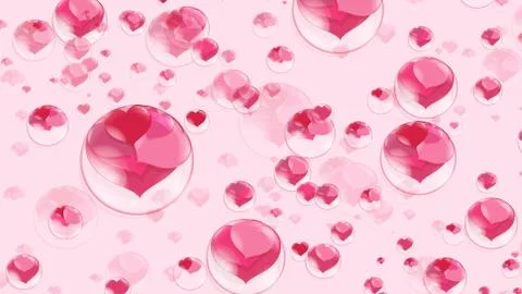 A lot of red hearts inside bubbles on a pink background soap bubble Stock Illustration