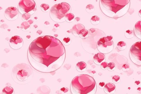 A lot of red hearts inside bubbles on a pink background soap bubble Stock Illustration