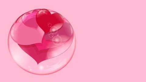 A lot of red hearts inside a transparent ball on a pink background, soap bubb Stock Illustration