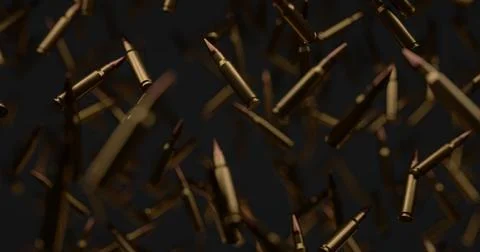 A lot of rifle bullets floating at zero gravity over black background. Illustrazione stock