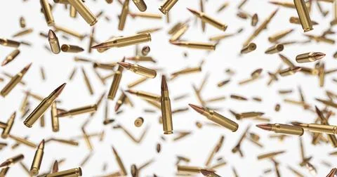 A lot of rifle bullets floating at zero gravity over white background. Stock Illustration